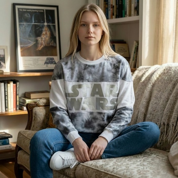 Her Universe Tops - Her Universe Star Wars Sweatshirt Women XS Grey White Tie-Dye Metallic Logo